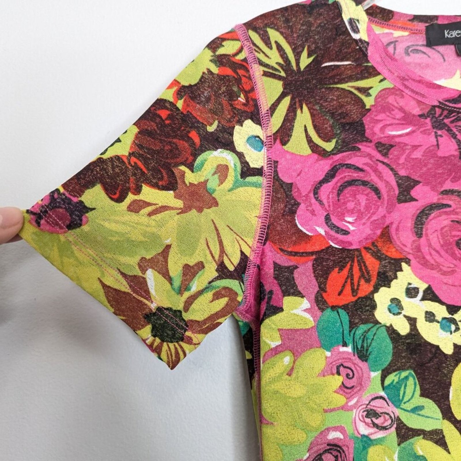 Vintage Vintage Y2k Pink Green Floral Print Short Sleeve Crew Neck Size M / US 6-8 / IT 42-44 - 6 Thumbnail