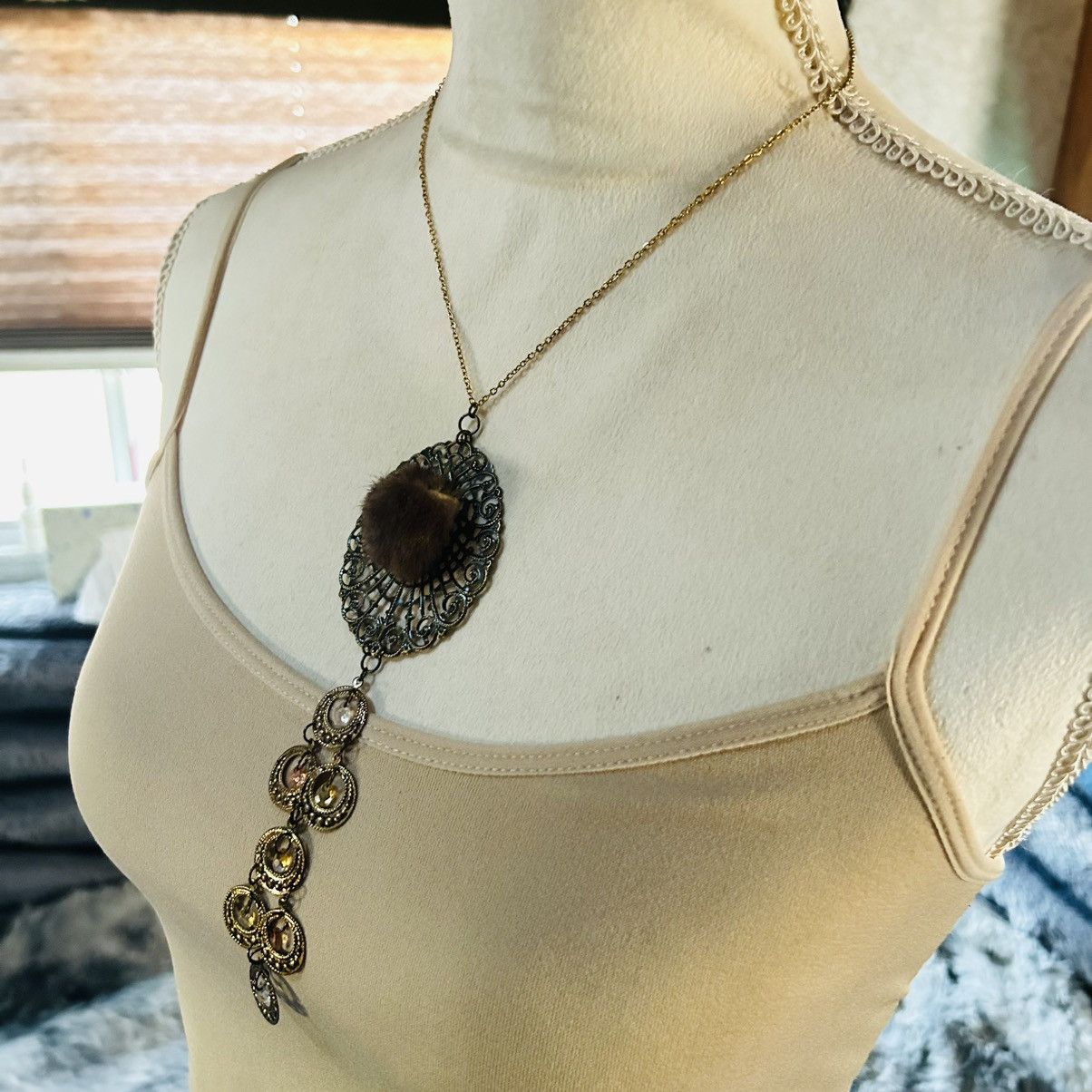 Handmade Handcrafted mink brass medallion crystal chandelier necklace Size ONE SIZE - 3 Thumbnail