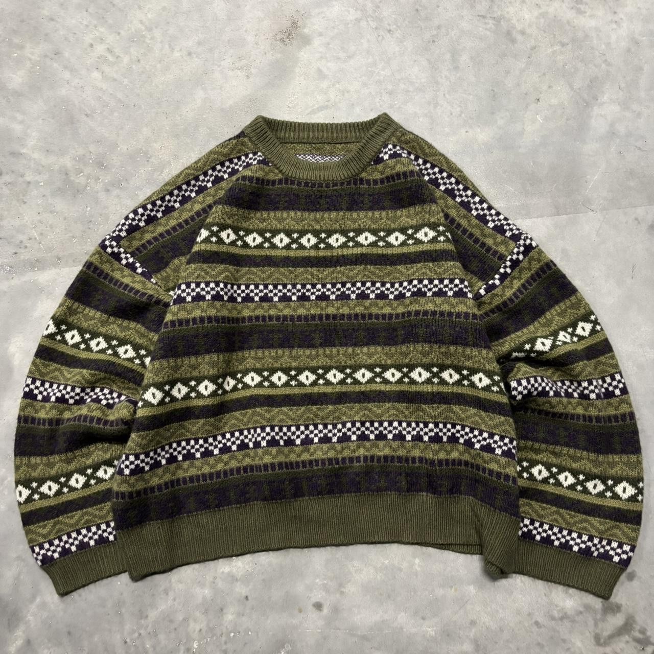 Japanese Brand × Vintage Crazy Vintage Y2K/2000s Green Striped Pattern Coogi Style Boxy Sweater! Size US L / EU 52-54 / 3 - 1 Thumbnail