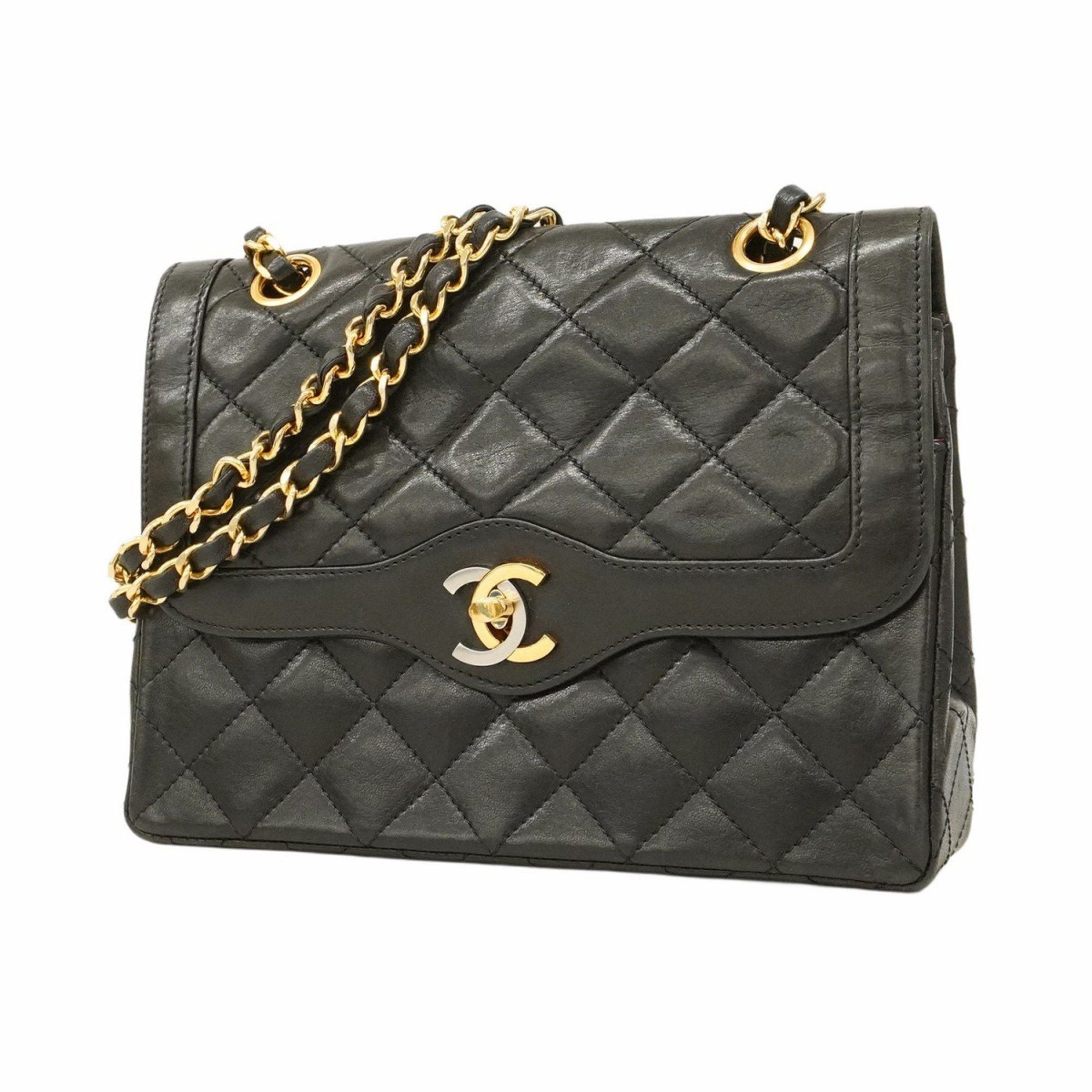 Chanel Shoulder Bag Matelasse Paris Limited W Flap Chain Lambskin Black Gold Women's