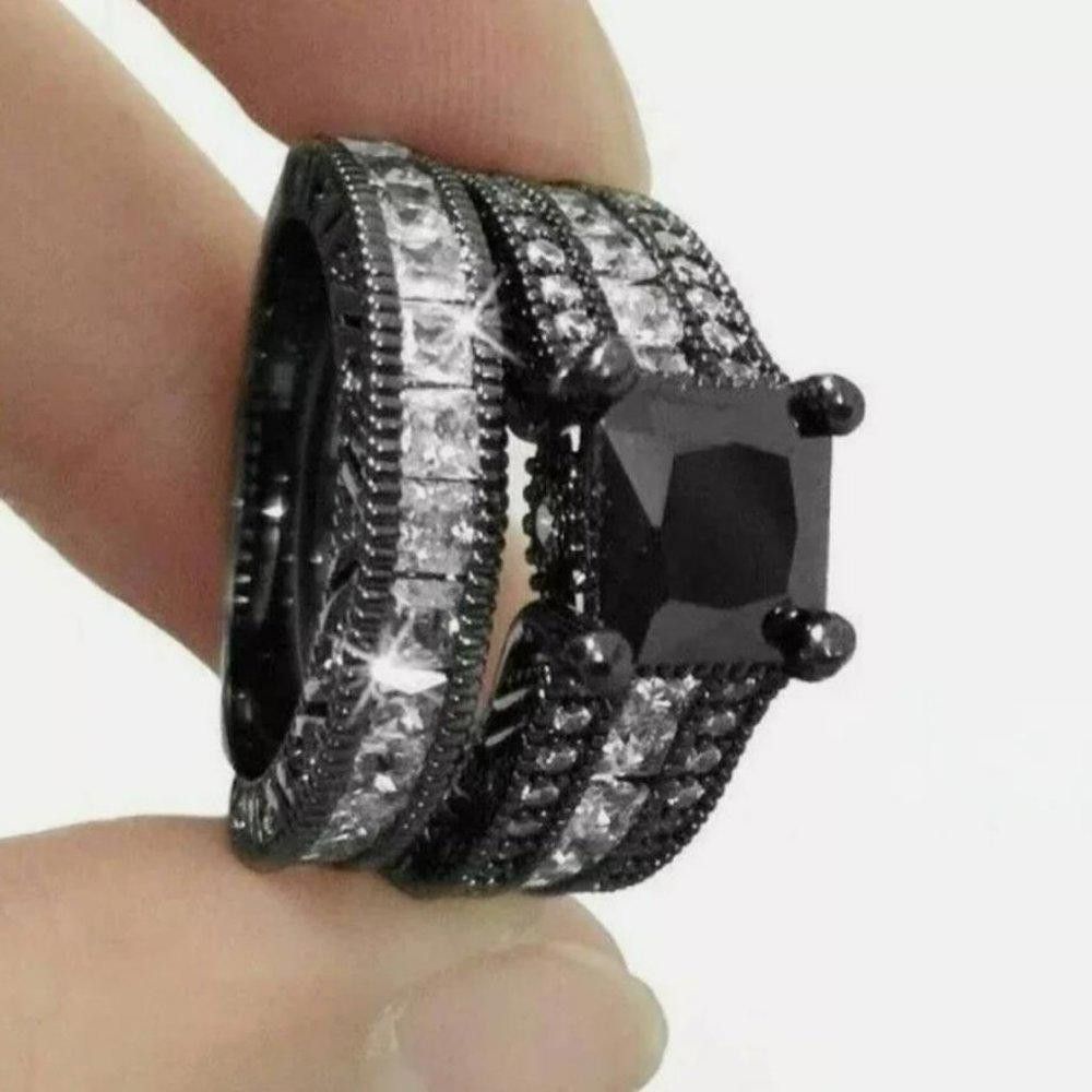 Designer 2Pcs 925 Silver Black Zircon Engagement Ring Set - Size 5 Size ONE SIZE - 6 Thumbnail