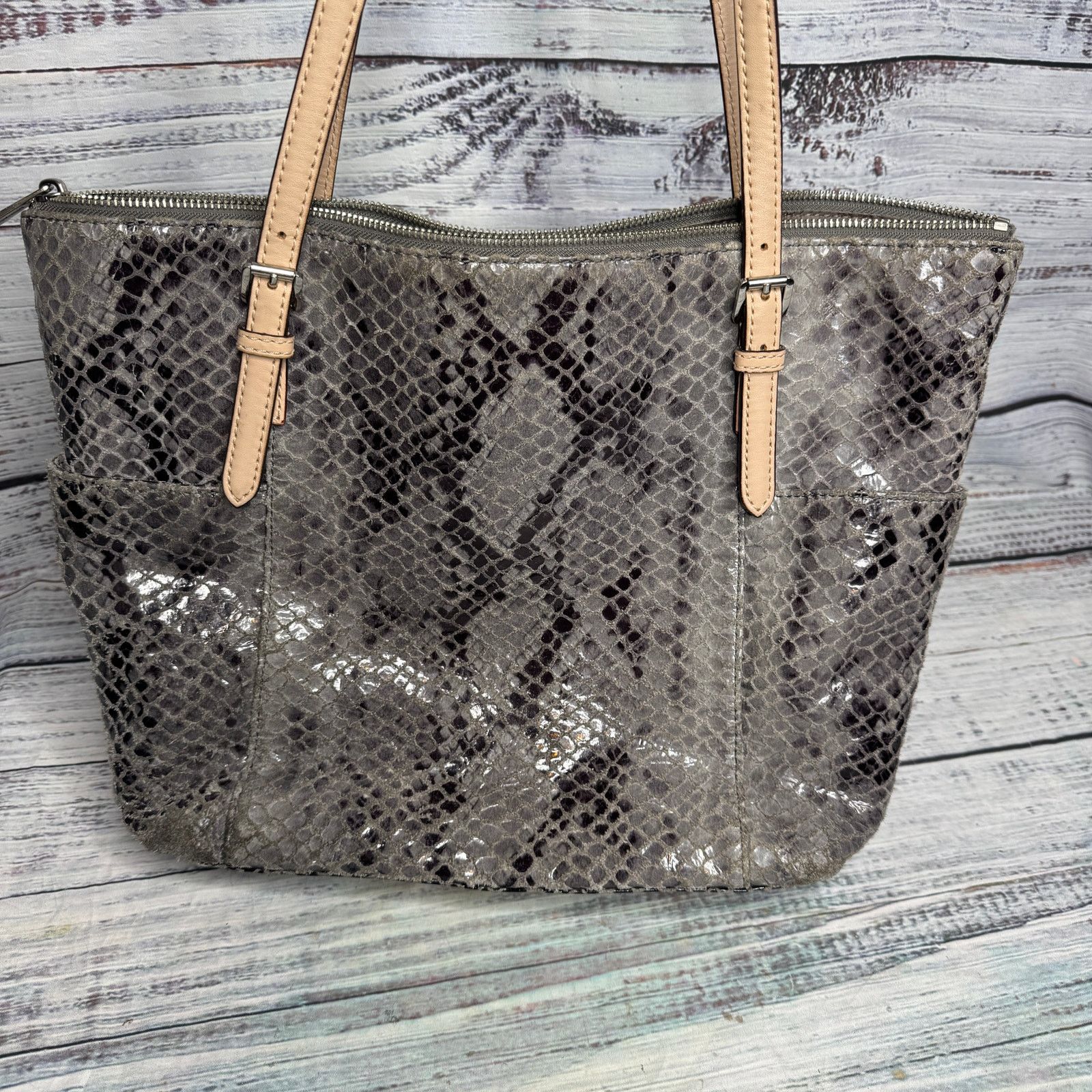 Michael Kors Michael Kors Snakeskin Print Tote Bag Gray Shoulder Purse Size ONE SIZE - 4 Thumbnail