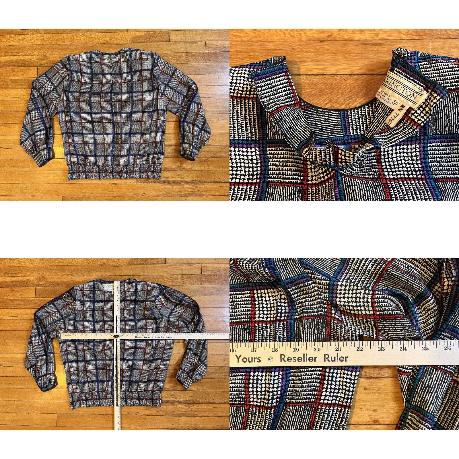 Vintage VINTAGE Starington Silk Blouse Skirt Scarf Set Women’s 12 Plaid Grey Blue 80s Size 4XL / US 24-26 - 9 Thumbnail