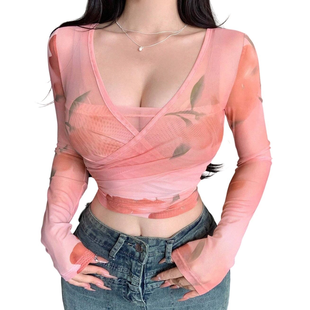 Shein Floral Print V-Neck Long Sleeve Mesh Top in Pink, Size M Size M / US 6-8 / IT 42-44 - 1 Thumbnail