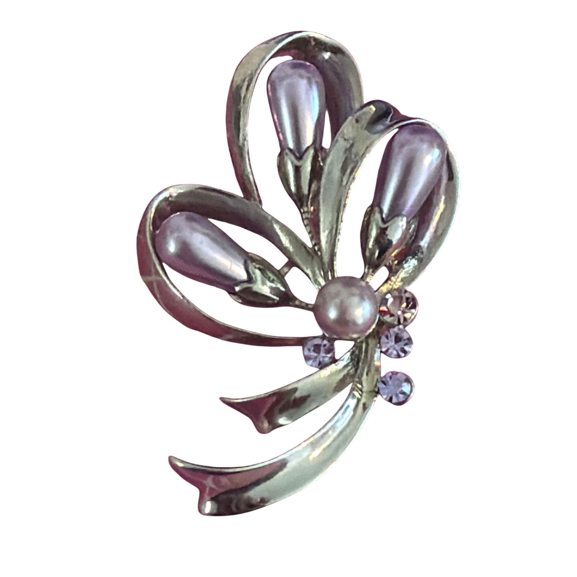Other Vtg Silver Tone Brooch Lilac Purple Faux Pearls Rhinestones Size ONE SIZE - 1 Thumbnail