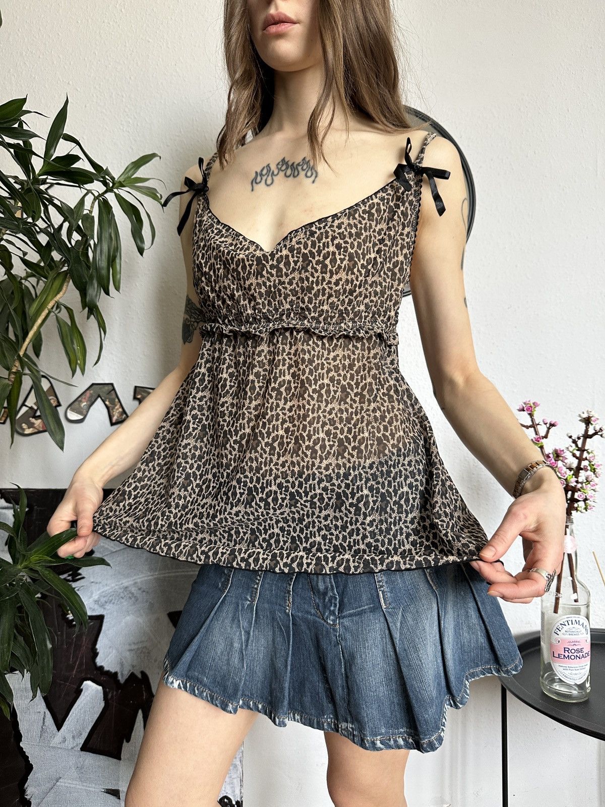 Designer × Vintage Leopard Y2K Vintage Cami Bow Sexy Top Size S / US 4 / IT 40 - 2 Thumbnail