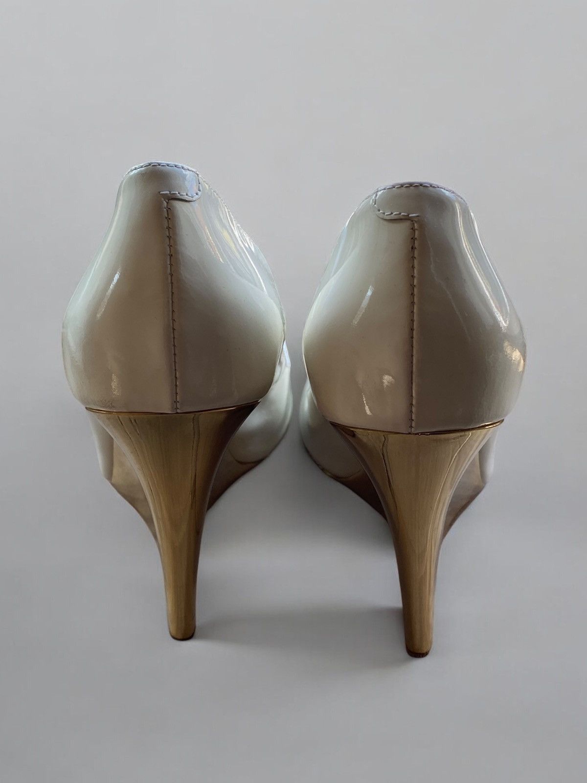 Jimmy Choo Jimmy Choo White Gold Patent Leather Peep Toe Heels Size US 7 / IT 37 - 8 Thumbnail
