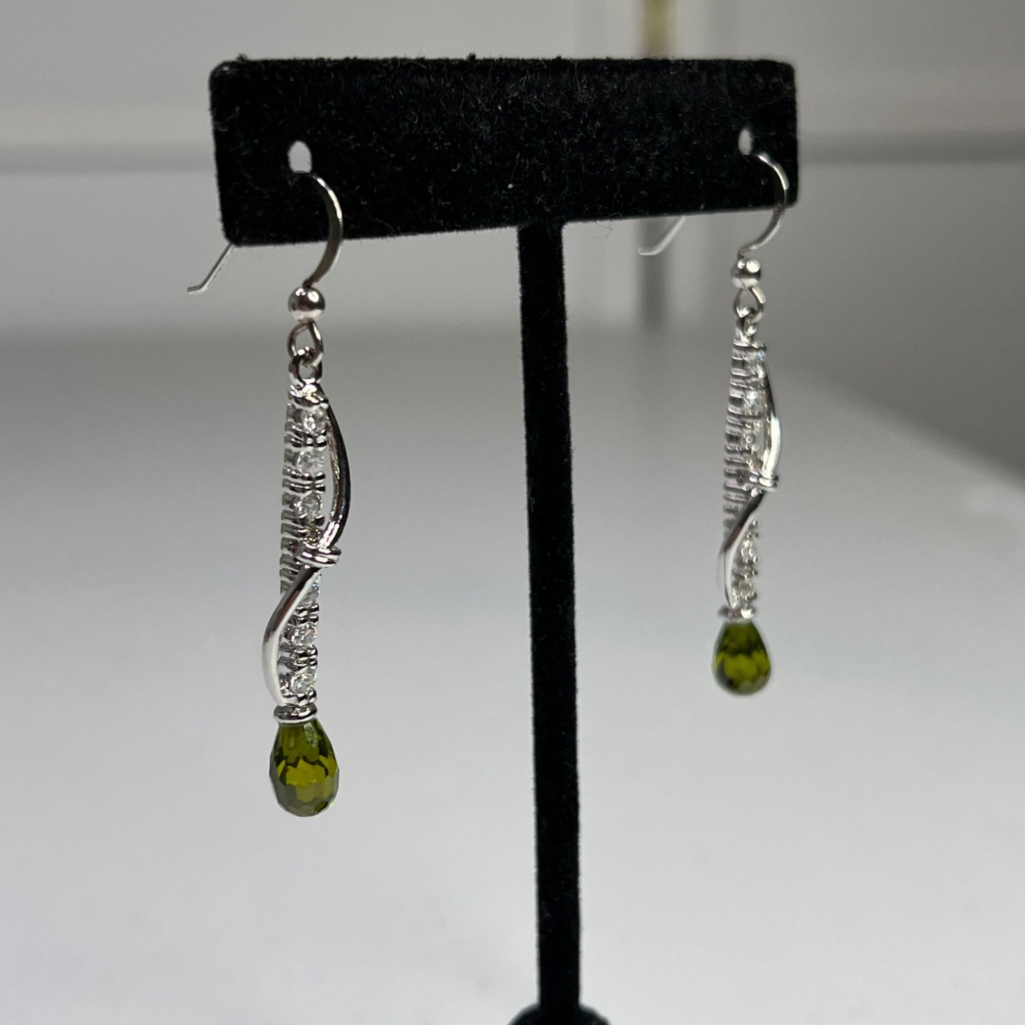 Designer Silver-Tone Drop Earrings With Green Teardrop & CZ Accents Size ONE SIZE - 5 Thumbnail
