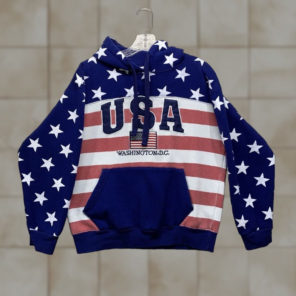 Vintage VINTAGE 90s Hoodie USA Flag Allover Print Joe’s Medium Mens Cotton Blend Fleece Pullover 80s 90s Graphic Size US M / EU 48-50 / 2 - 1 Thumbnail