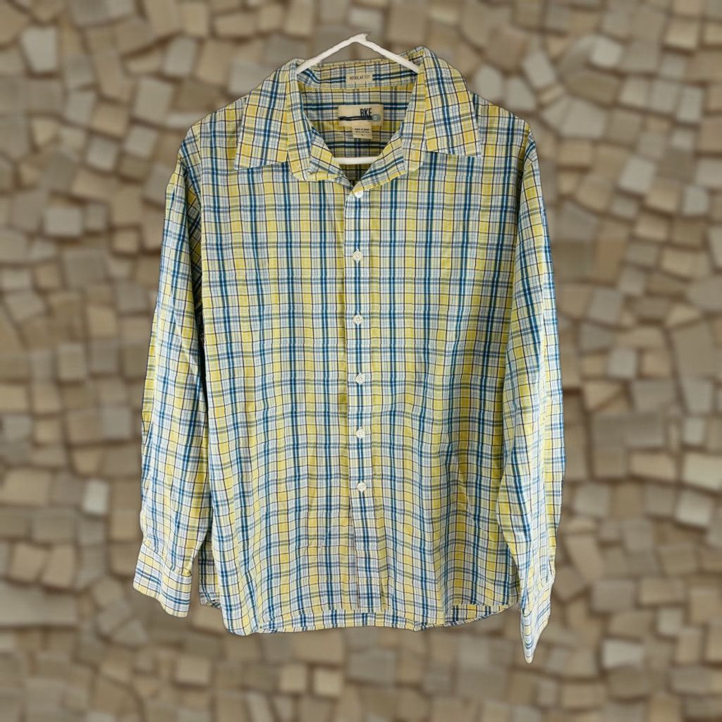 BKE BKE Shirt Men's Large Yellow Blue Check Long Sleeve Button Up Regular Fit Size US L / EU 52-54 / 3 - 1 Thumbnail