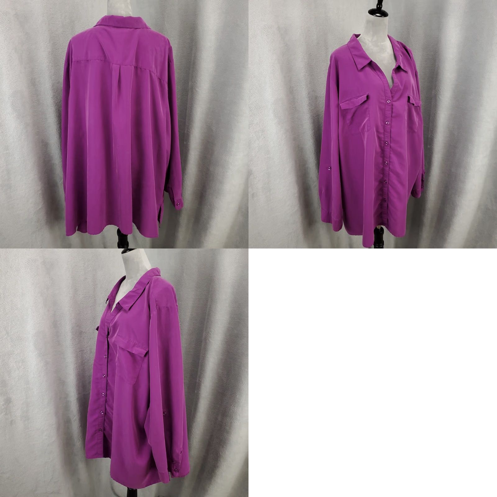 Vintage Catherines Shirt 5X Purple Roll Tab Sleeve Collared Button Solid Modal Polyester Blend Pockets All Seasons Size XXL / US 16-18 / IT 52-54 - 8 Thumbnail