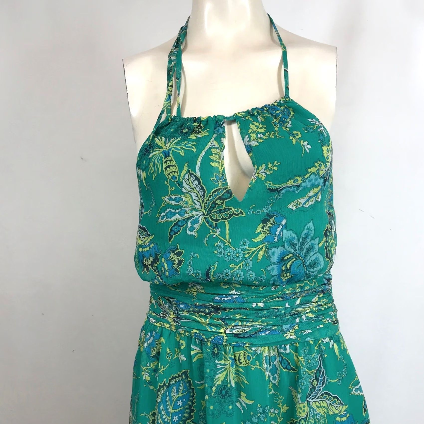 Ann Taylor LOFT Ann Taylor Midi Dress Size 4 Teal Blue Paisley Print Halter Neck Keyhole Size S / US 4 / IT 40 - 2 Thumbnail