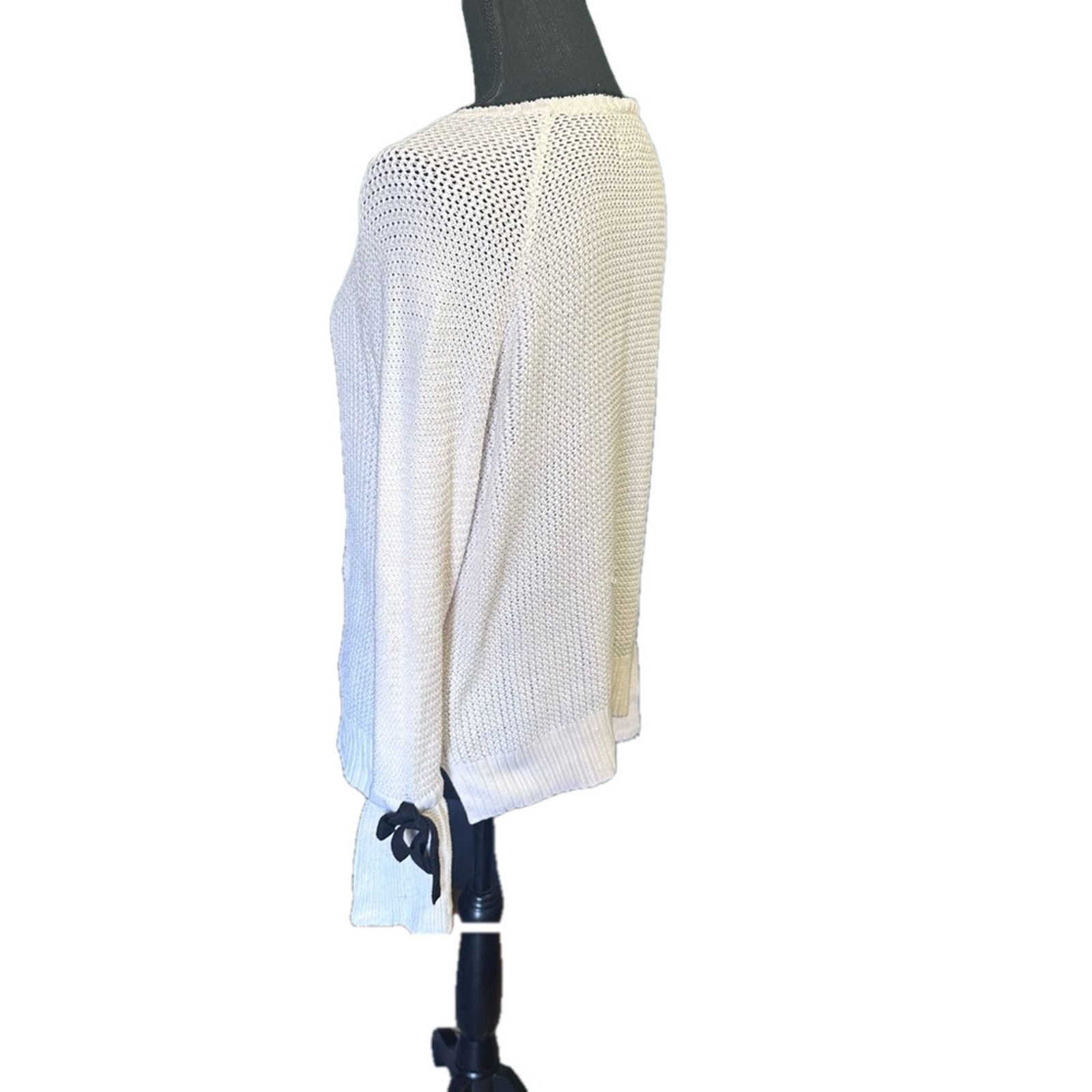 Loft LOFT Ivory White Open Knit Bell Sleeve Bow Tie Sweater Size XS / US 0-2 / IT 36-38 - 6 Thumbnail