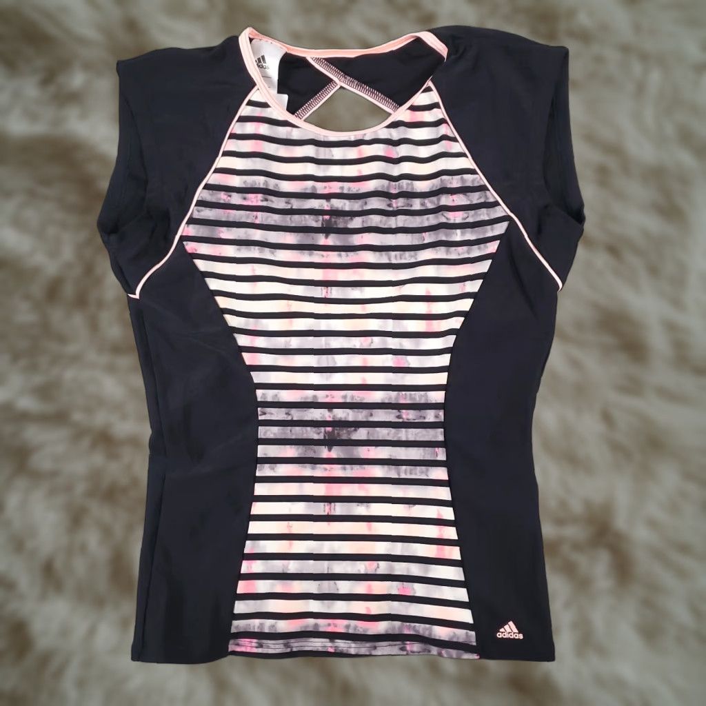 Adidas Adidas T Shirt Womens XS Black Striped Active Open Back Sleeveless Ladies Size XS / US 0-2 / IT 36-38 - 1 Thumbnail