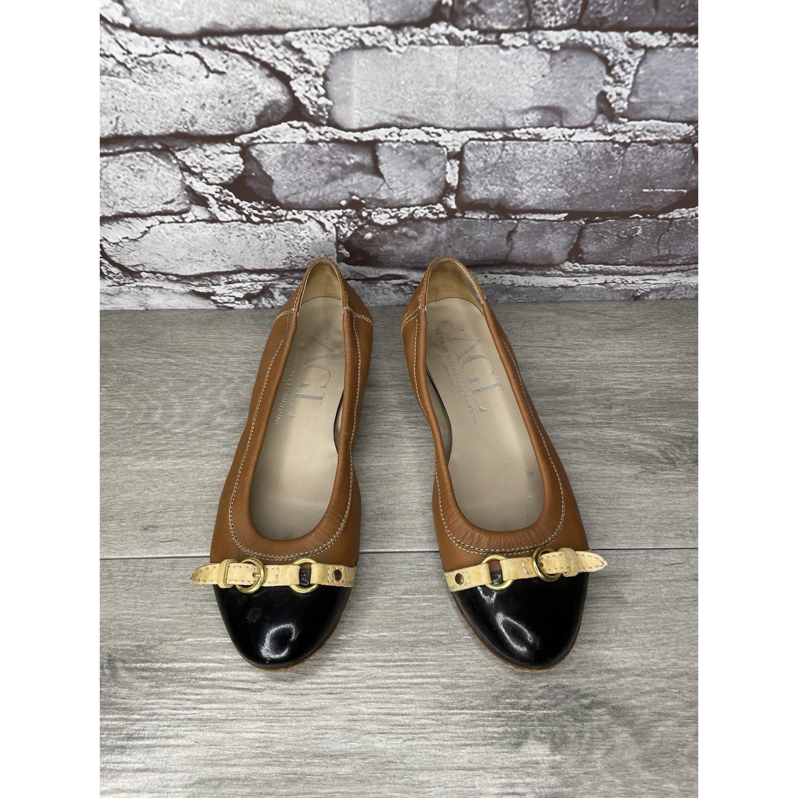 AGLINI AGL SPECTATOR Brown Leather Black Patent Cap Toe Ballet Flat Size US 6 / IT 36 - 12 Thumbnail