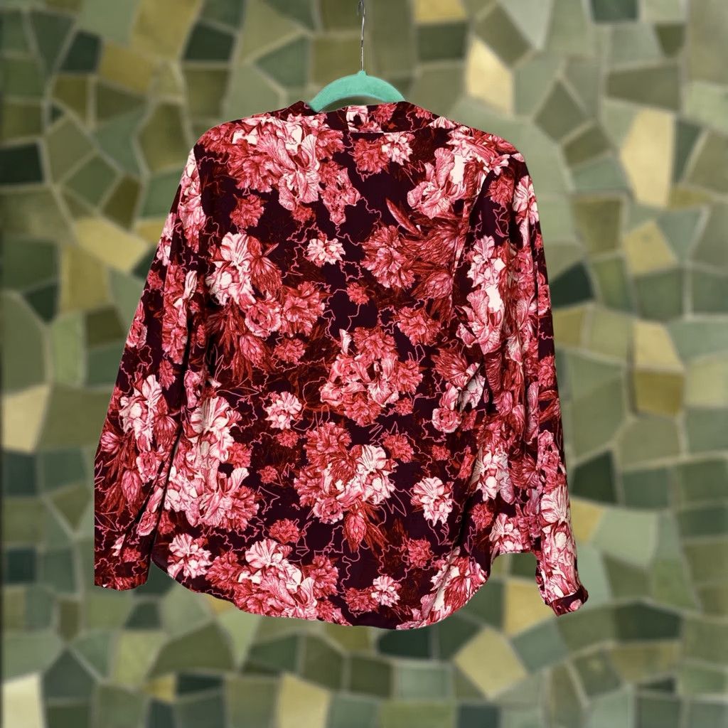 Vintage Rose & Olive Blouse Womens L Maroon Floral V-Neck Semi-sheer Chiffon Boho Peasant Long Sleeve Pullover Size L / US 10 / IT 46 - 1 Thumbnail