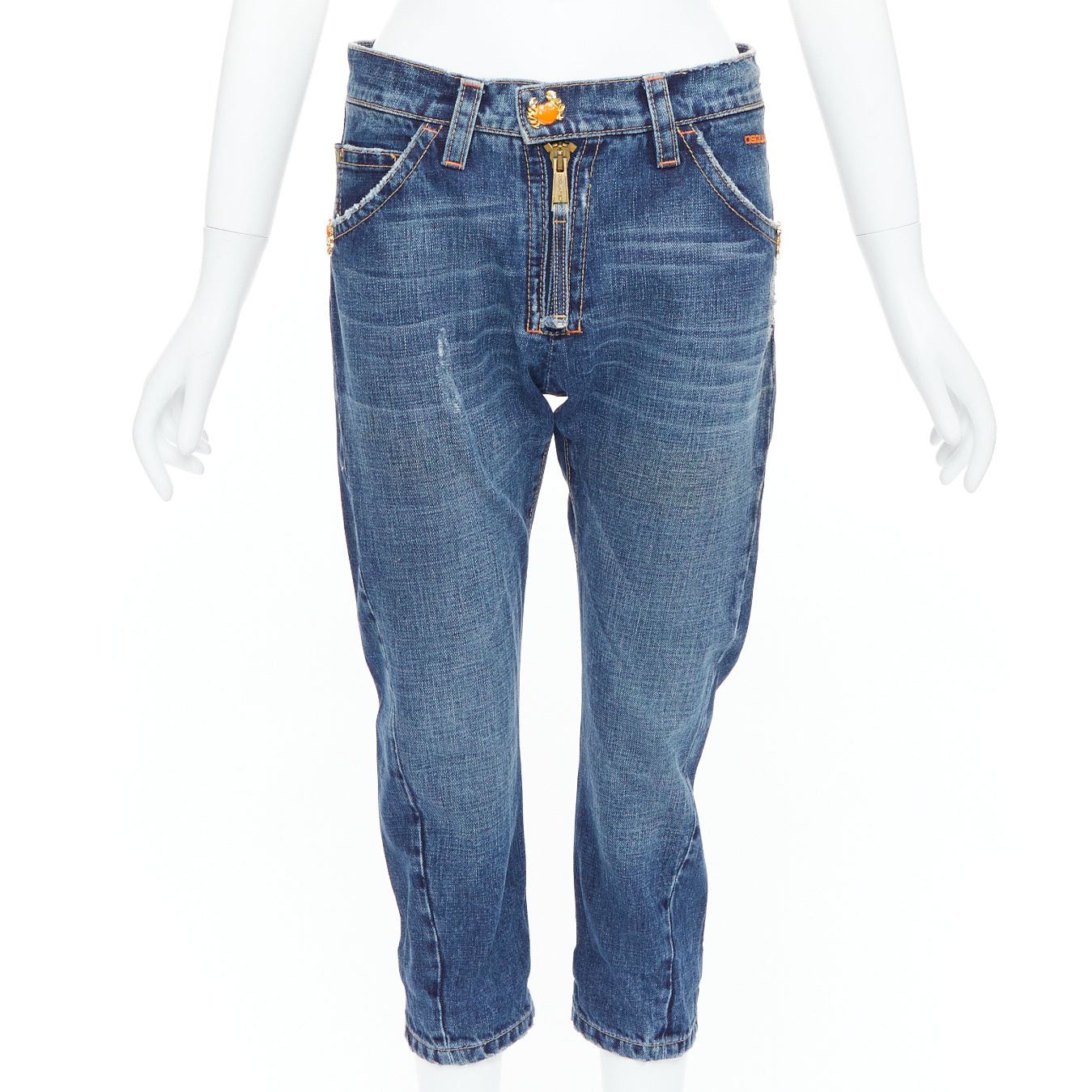Dsquared2 DSQUARED2 Vintage orange crab button logo blue denim cropped jeans IT38 XS Size 26" / US 2 / IT 38 - 1 Thumbnail