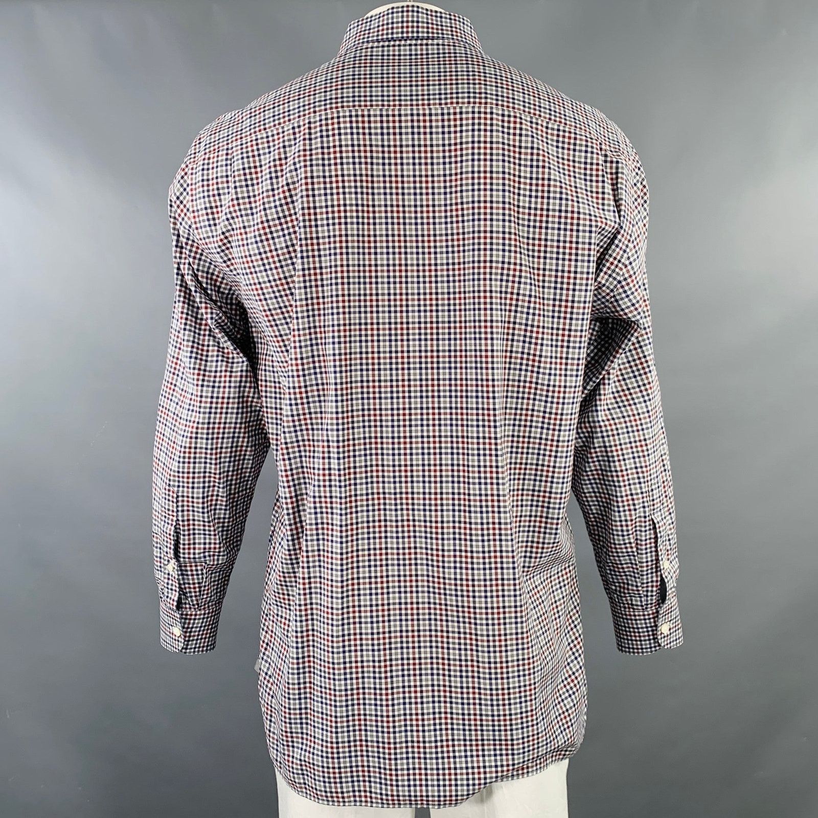 Ermenegildo Zegna Size XL Navy Red Checkered Cotton Long Sleeve Shirt Size US XL / EU 56 / 4 - 4 Thumbnail