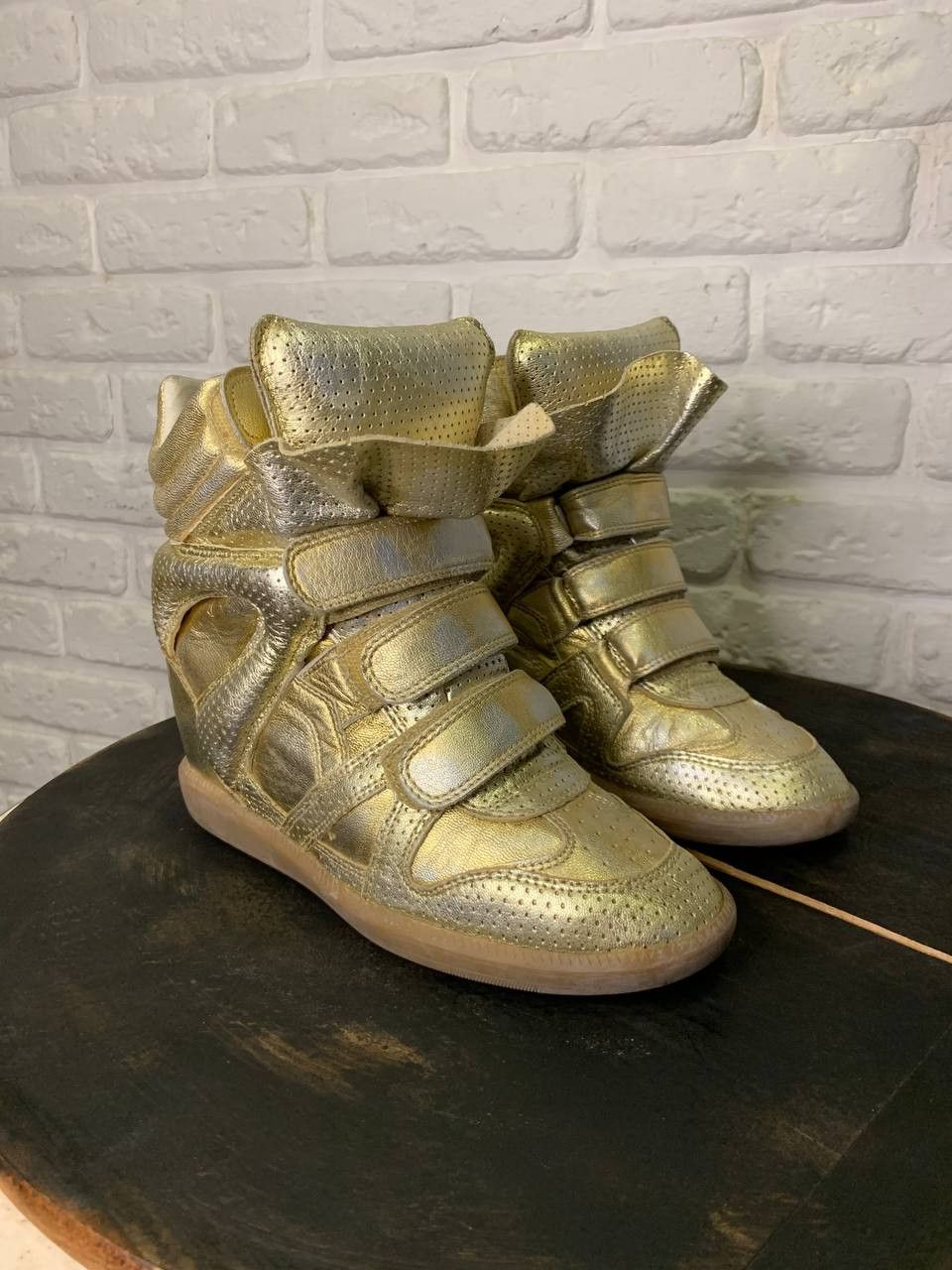 Isabel Marant Etoile Isabel Marant Metallic Gold Leather Bekett Wedge Sneakers Size US 8 / IT 38 - 1 Thumbnail