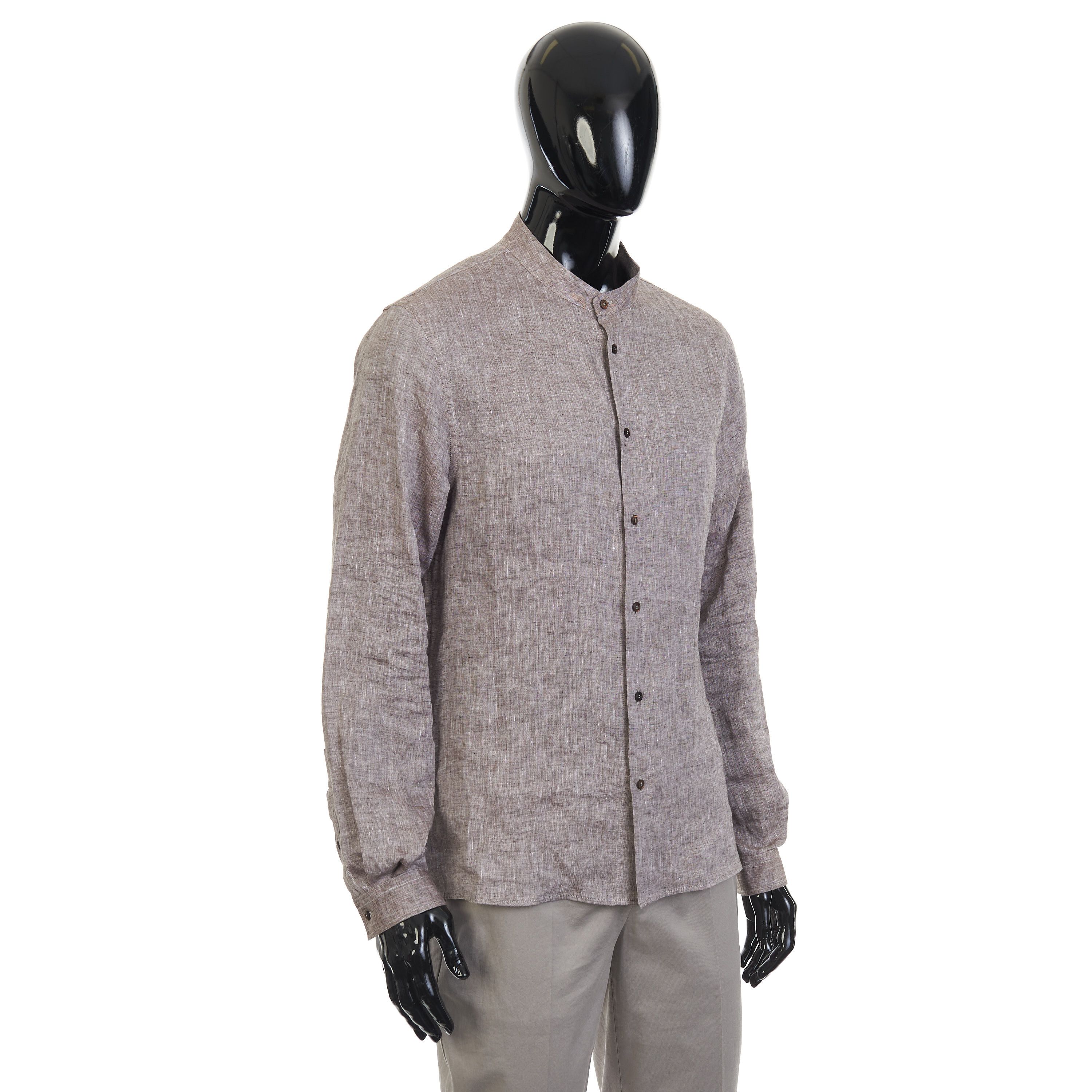 Brunello Cucinelli Brown Linen Shirt - Mandarin Collar, Easy Fit Size US S / EU 44-46 / 1 - 8 Thumbnail
