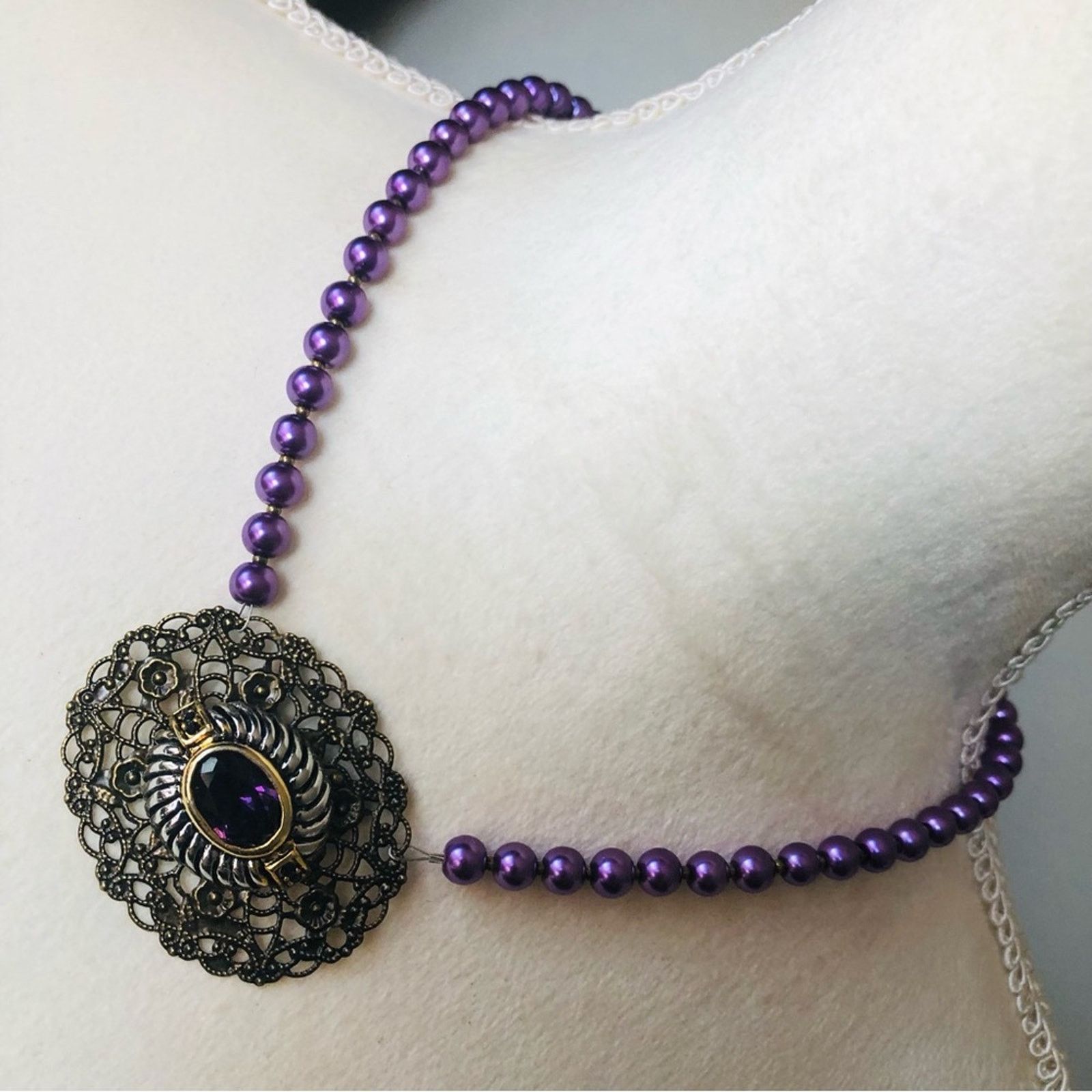 Handmade Handcrafted repurpose genuine amethyst Pearl necklace Size ONE SIZE - 1 Thumbnail