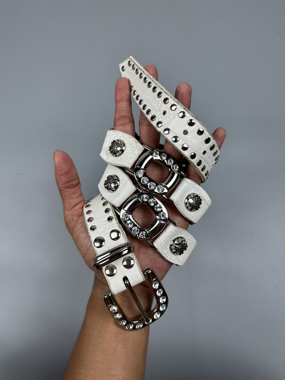 If Six Was Nine Rare Chrome Hearts Inspired White Leather Diamond Studs Belt Size 34 - 1 Thumbnail