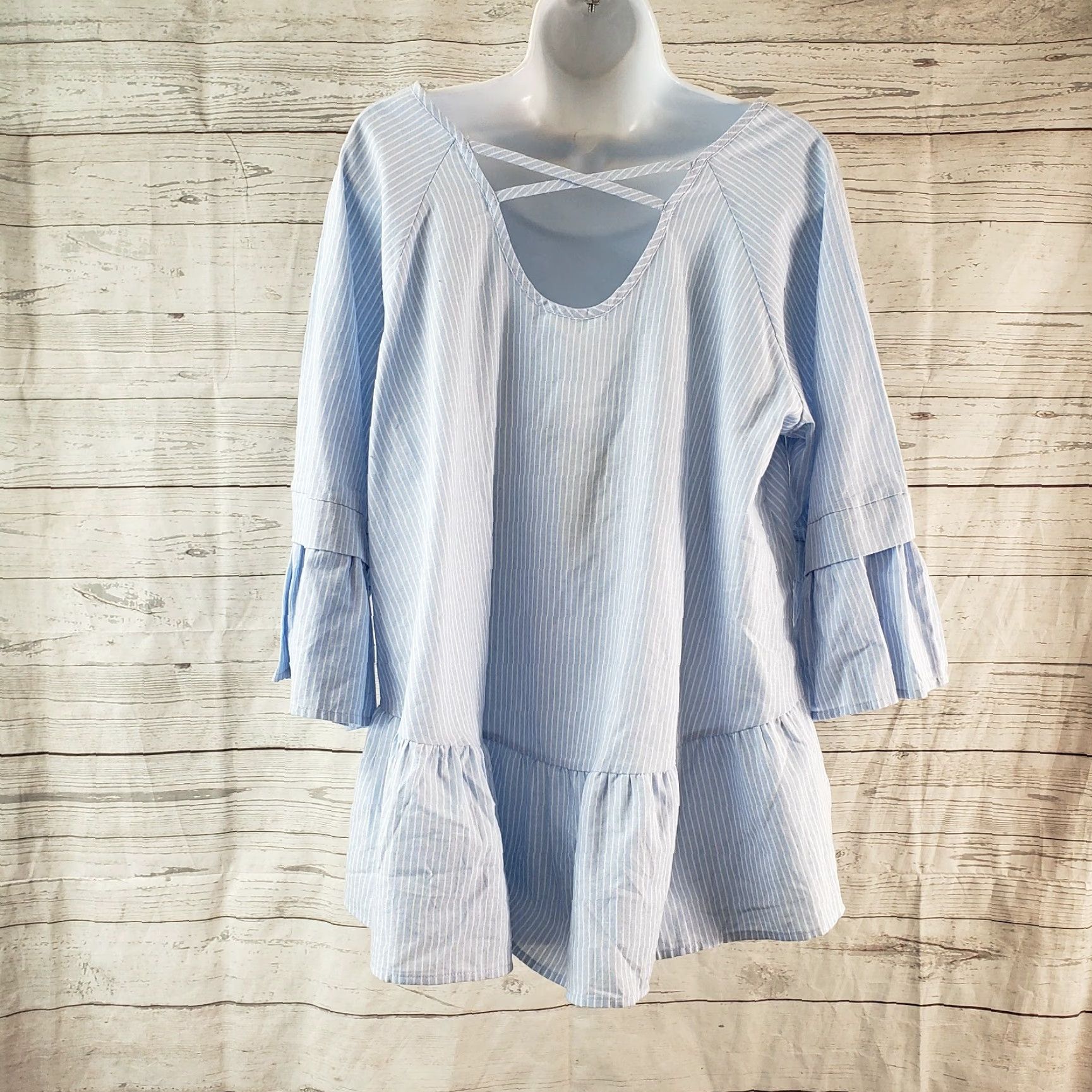 Vintage Pleione Womens Striped Top Shirt 3/4 Sleeve Blue White Ruffle Hem Cotton M Womens Size M / US 6-8 / IT 42-44 - 4 Thumbnail
