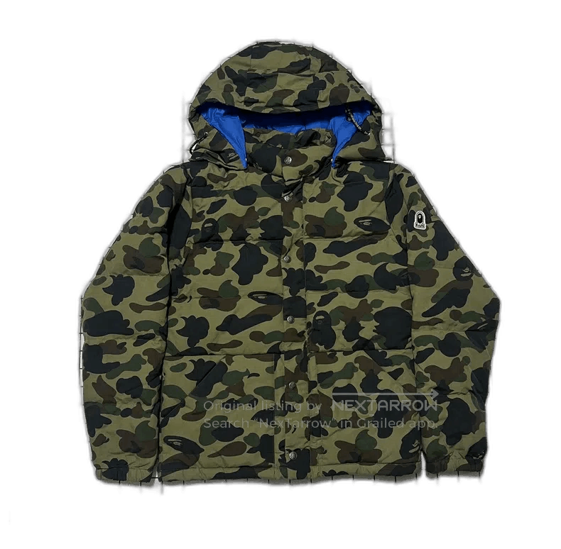 Bape Green Camouflage Puffer Jacket with Detachable Hood.