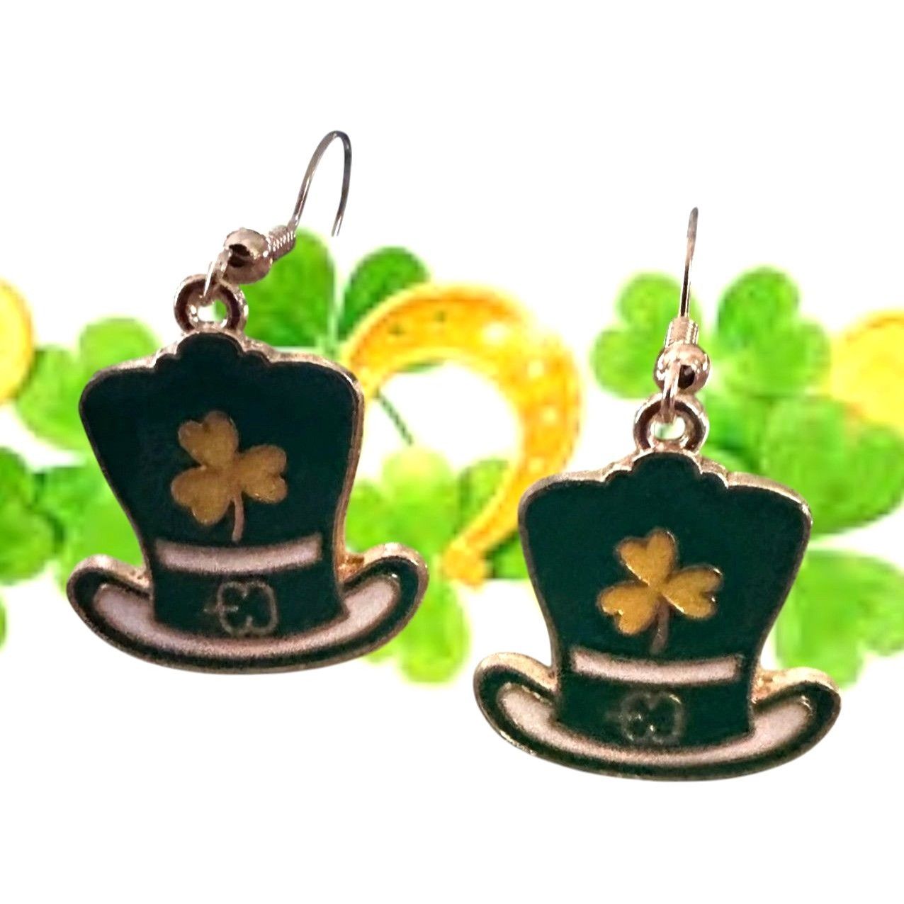 Handmade St Patricks Day Leprechaun Hat Earrings Shamrock Green Dang Size ONE SIZE - 6 Thumbnail