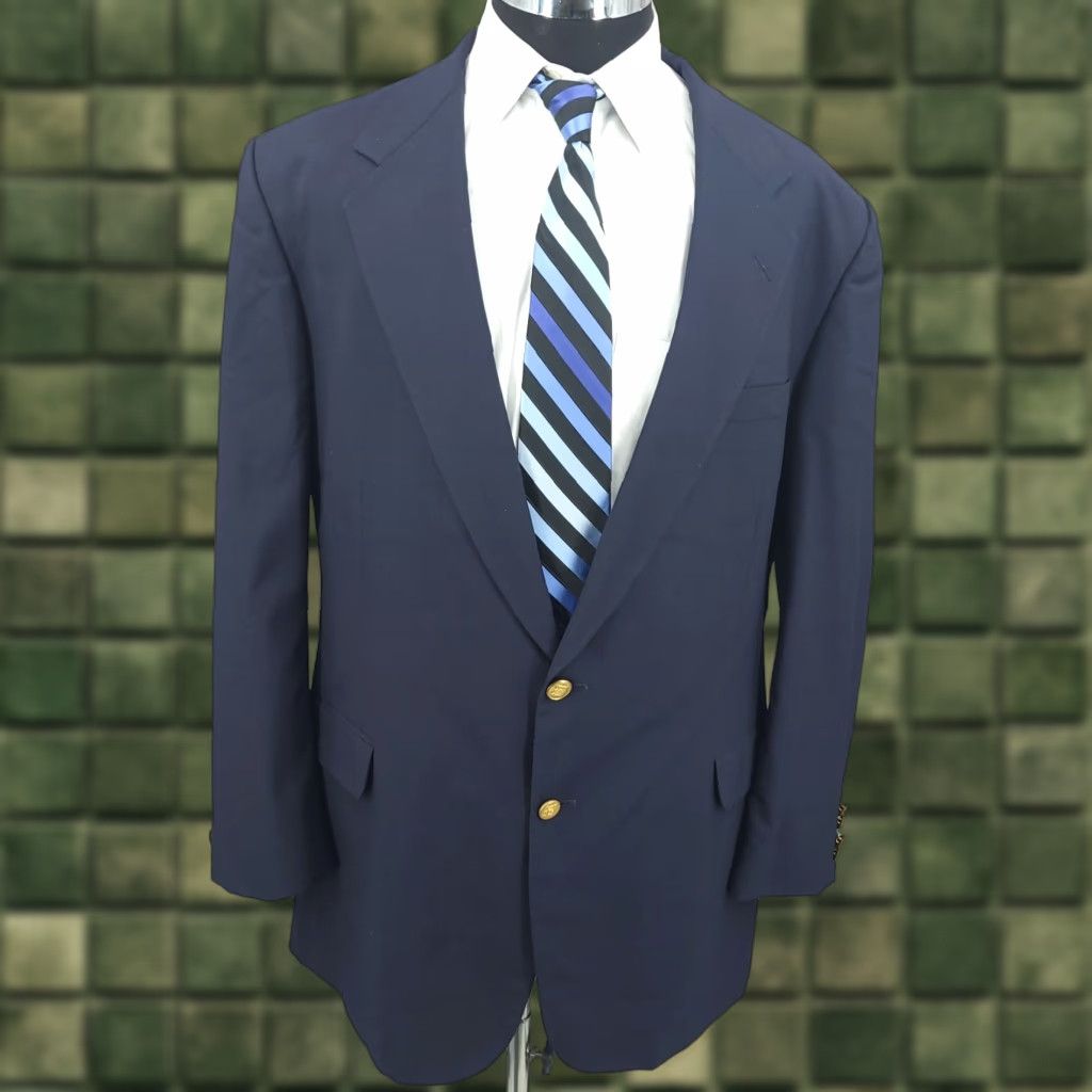 Vintage Tom Jones Coat Men 46 Blue Wool Executive Collection Gold Buttons Blazer Jacket Size 46R - 1 Thumbnail