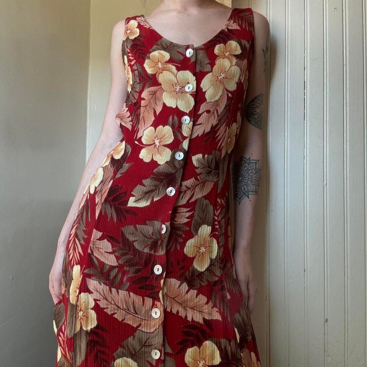 Vintage Vintage R&K Originals Tropical Red Button Maxi Dress 6 Size M / US 6-8 / IT 42-44 - 2 Thumbnail