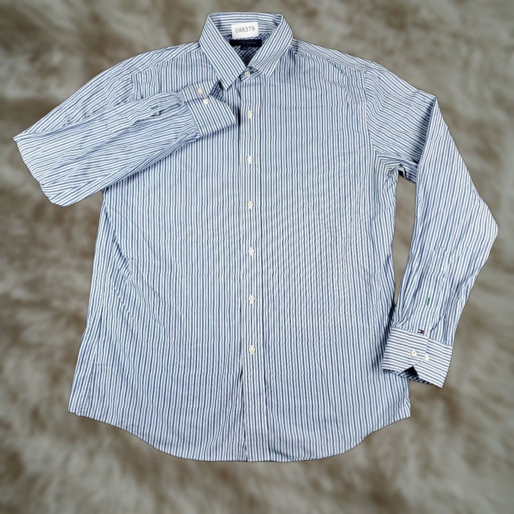 Tommy Hilfiger TOMMY HILFIGER Dress Shirt Mens Size 16 Blue Striped Long Sleeve Button Up Modern Preppy Size 42R - 1 Thumbnail