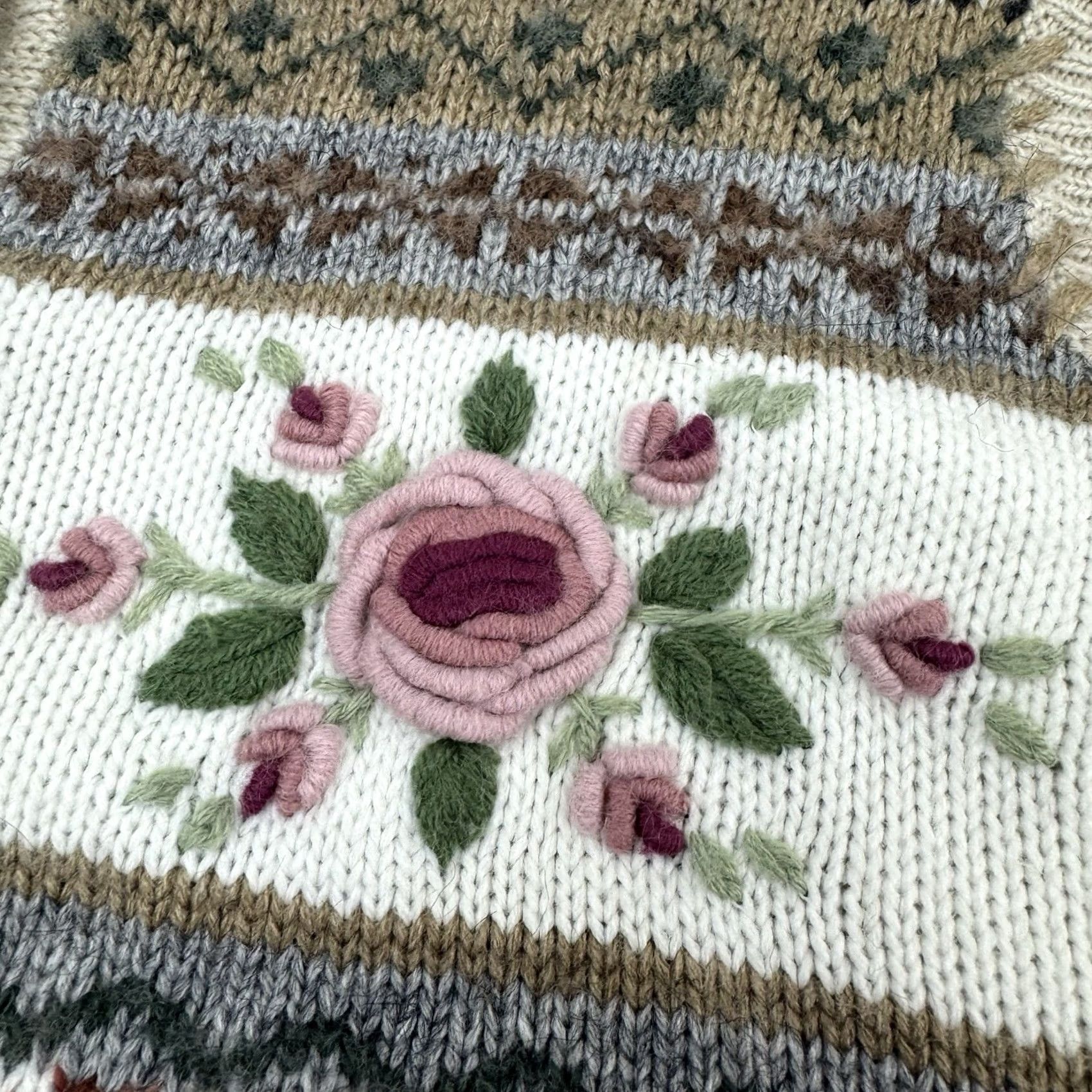 Vintage VINTAGE Dana Scott Sweater Womens Medium Fall Geometric Knit Pockets Flowers 90s Y2K Beige Pullover L/S V-Neck Size M / US 6-8 / IT 42-44 - 5 Thumbnail