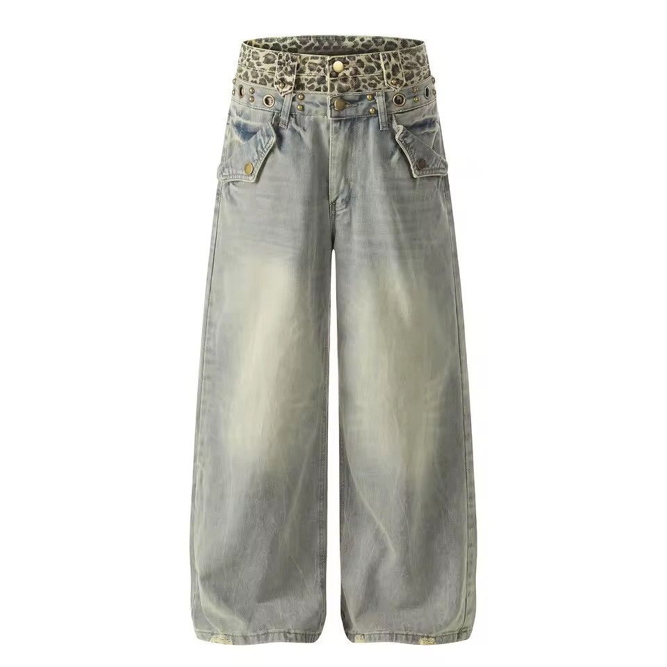 Jean Leopard Streetwear Baggy Y2k Loose Jeans Pants Size US 35 - 1 Thumbnail