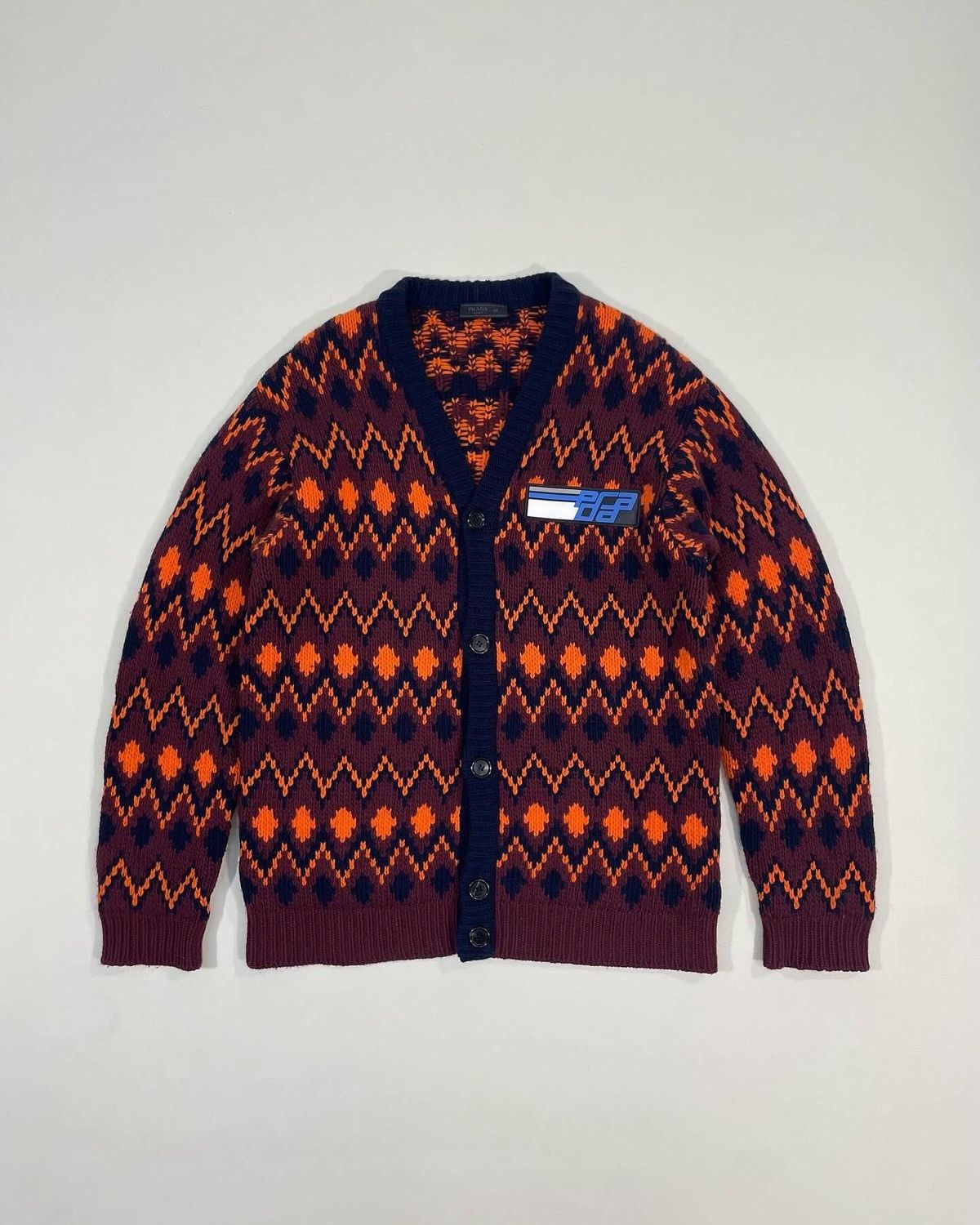 Prada AW18 Logo Patch Jacquard Knit Cardigan | Grailed