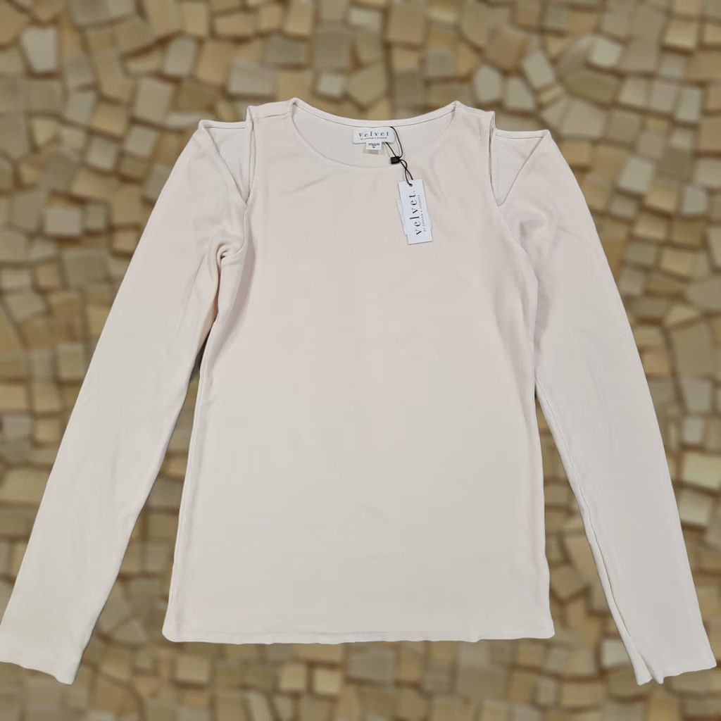 Velvet Velvet by Graham & Spencer T-Shirt Womens XL Ivory Crew Neck Long Sleeve Ribbed Viscose Jersey Size XL / US 12-14 / IT 48-50 - 1 Thumbnail