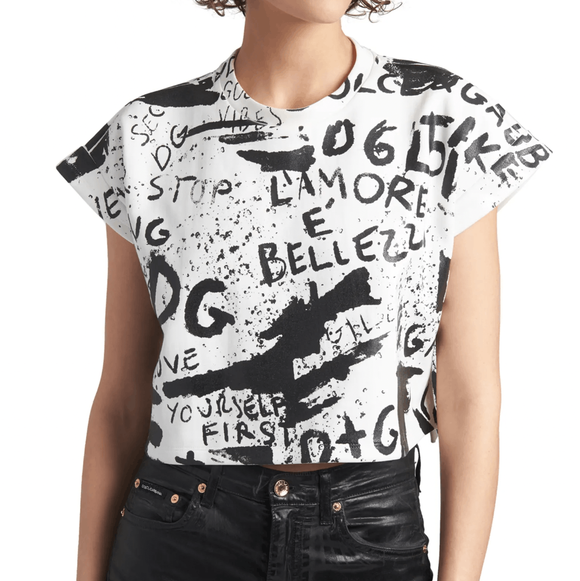 Dolce & Gabbana $1175 White Black Graphic Graffiti Cropped T-Shirt Size XL / US 12-14 / IT 48-50 - 1 Thumbnail