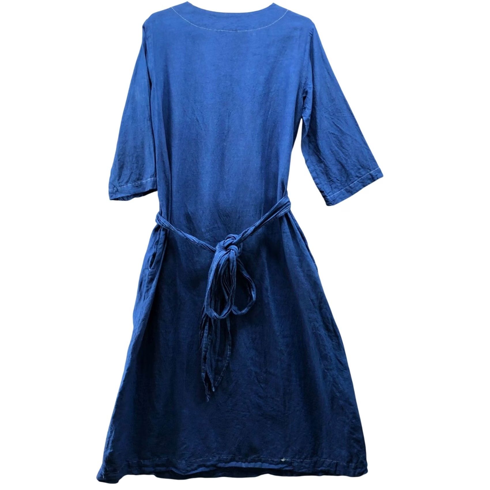 Vintage VINTAGE Len Ok Linen Midi Dress Womens M Blue 3/4 Sleeve Wrap Tie Belt Waist Pockets Bohemian Peasant Casual Travel Mens Womens Size M / US 6-8 / IT 42-44 - 2 Thumbnail