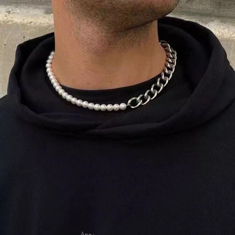 Jewelry Fuax Pearl Chain Link Necklace in Silver, Men's