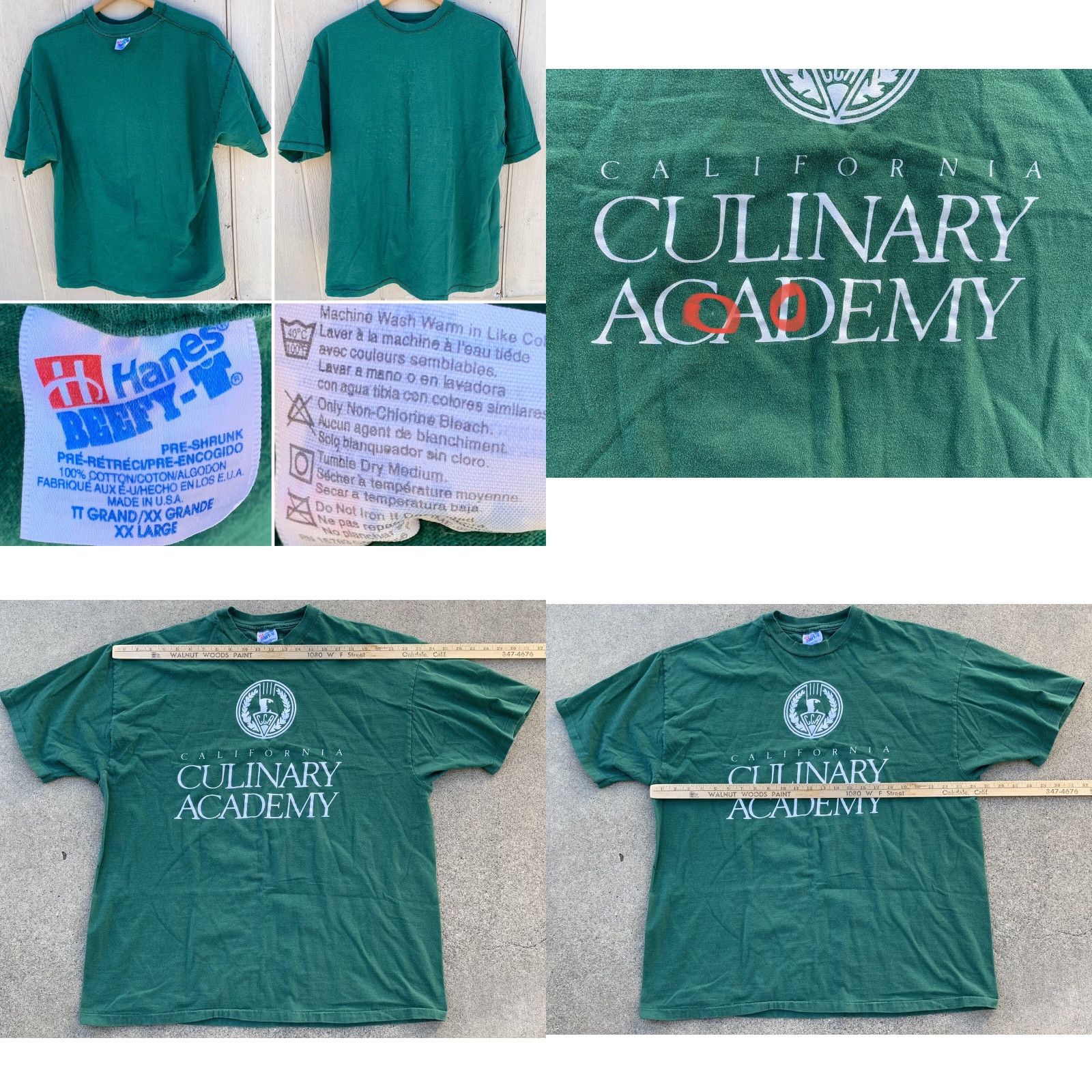 Hanes vintage Hanes California Culinary Academy t-shirt graphic tee 1990s single stitch XXL Green Cotton crew neck short sleeve Men Size US XXL / EU 58 / 5 - 8 Thumbnail