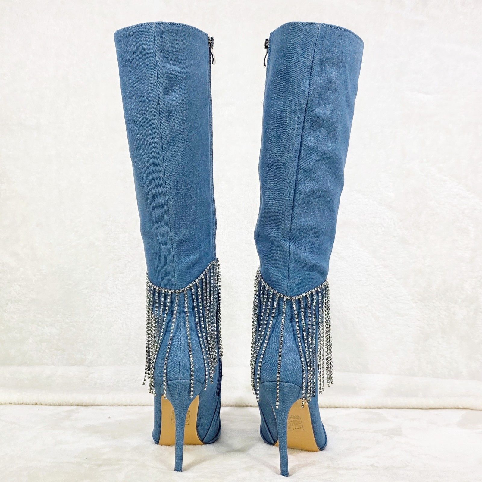 Other Sway Denim Knee High Boots Stiletto Heels Icicle Fringe (US Size US 6 / IT 36 - 5 Thumbnail