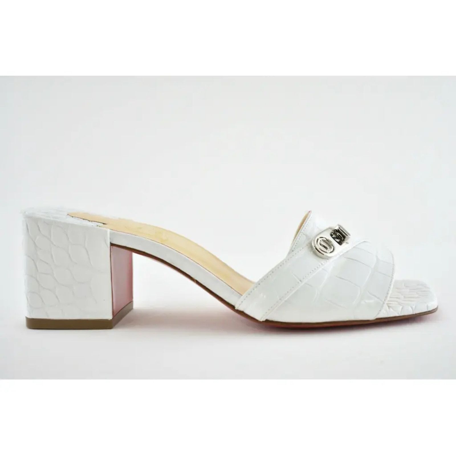 Christian Louboutin Lock Art 55 White Croc Block Heel Mule Slide Sandal Pump 36 Size US 6 / IT 36 - 2 Thumbnail