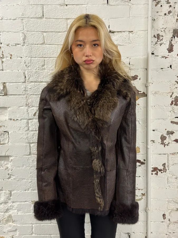 Armani 2010s Armani Fur Collar Painted Brown Leather Jacket Size M / US 6-8 / IT 42-44 - 2 Thumbnail