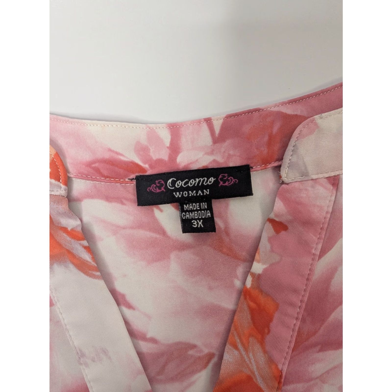 Vintage Cocomo Blouse Shirt 3X Plus Pink Floral V-Neck Roll Tab Sleeve Button Top Damen Womens Size XXL / US 16-18 / IT 52-54 - 7 Thumbnail