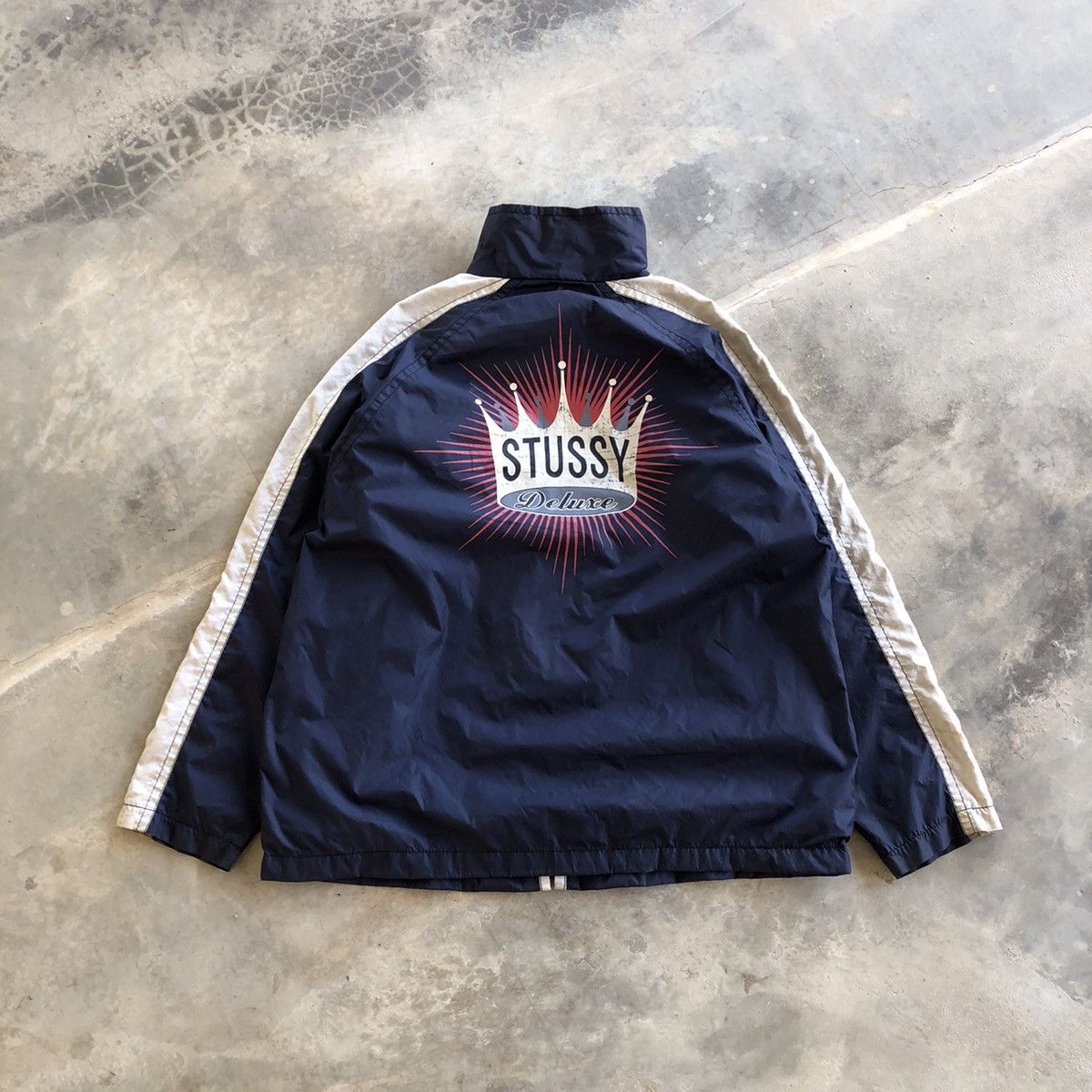 image of Stussy Deluxe Printed Windbreaker Jacket in Navy, Men's (Size Large)