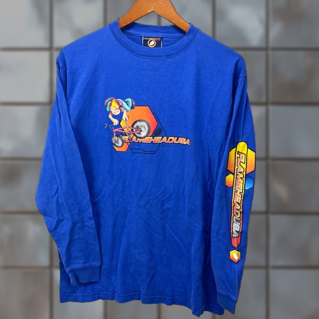 JNCO VINTAGE Flamehead USA BMX Long Sleeve Skater Shirt L Blue Mens Crew Neck 1990s Flames Logo Shirt Size US L / EU 52-54 / 3 - 1 Thumbnail