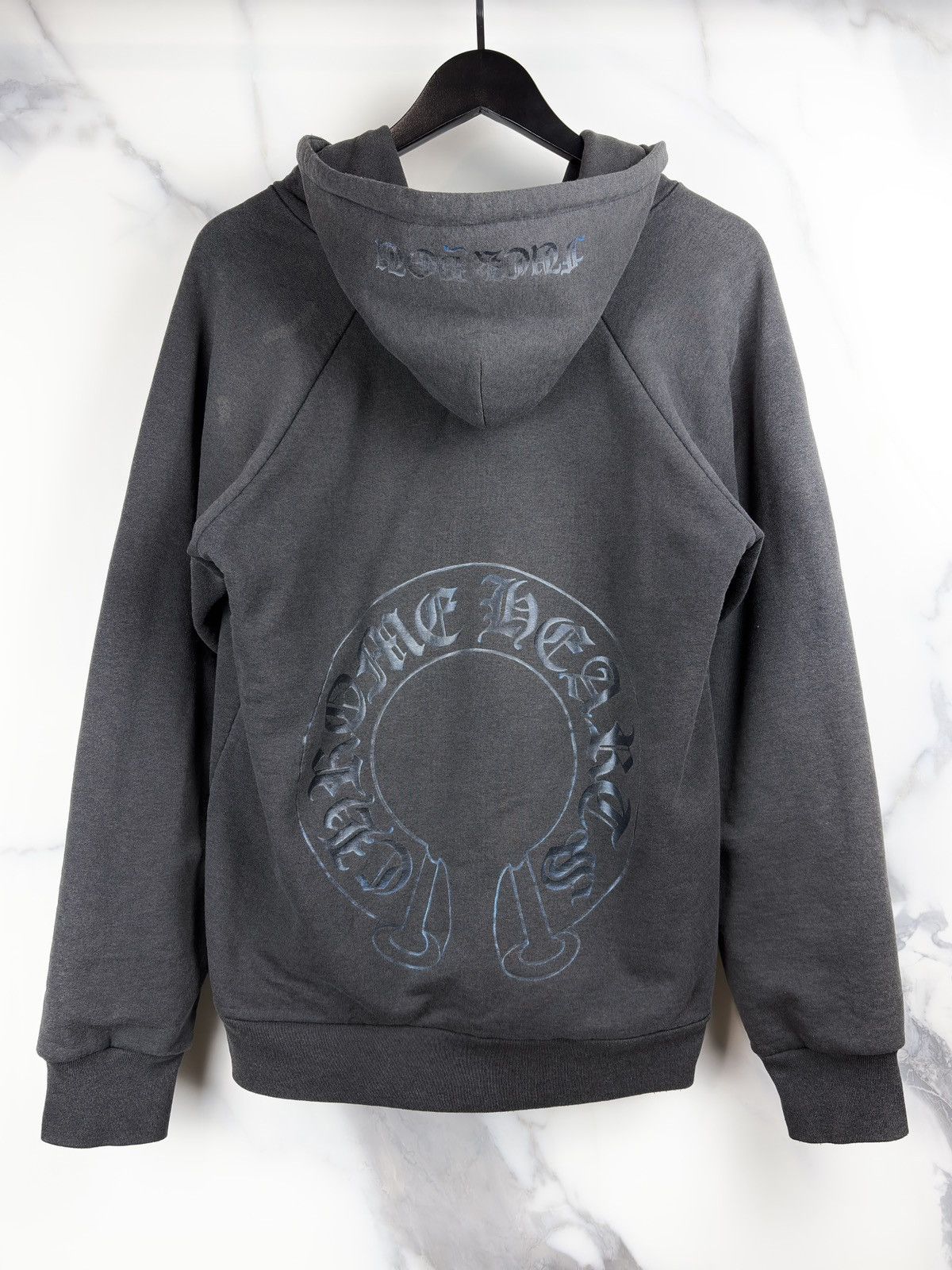 Chrome Hearts Vintage Thrashed Metallic Blue Thermal Hoodie in Black, Men's