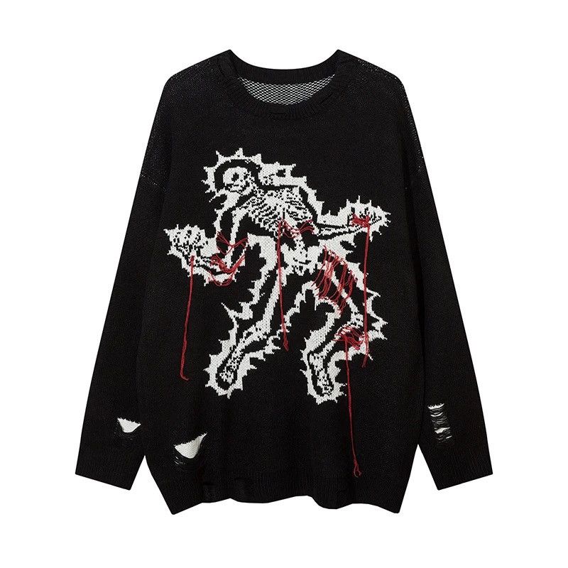 Japanese Brand Skull print sweater knitted oversize pullover with holes Size US L / EU 52-54 / 3 - 1 Thumbnail