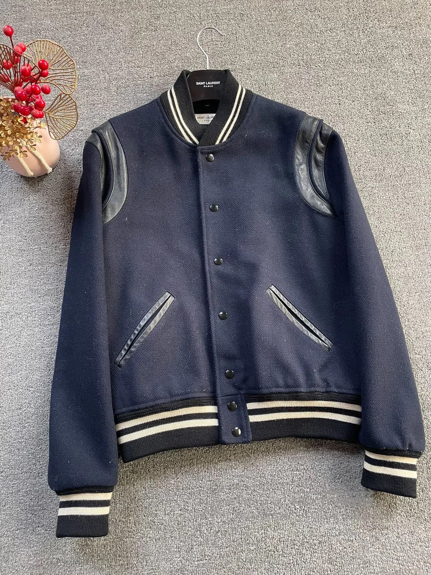 Saint Laurent Paris Saint Laurent Navy Wool Leather Sleeve Jacket. Size US M / EU 48-50 / 2 - 3 Thumbnail