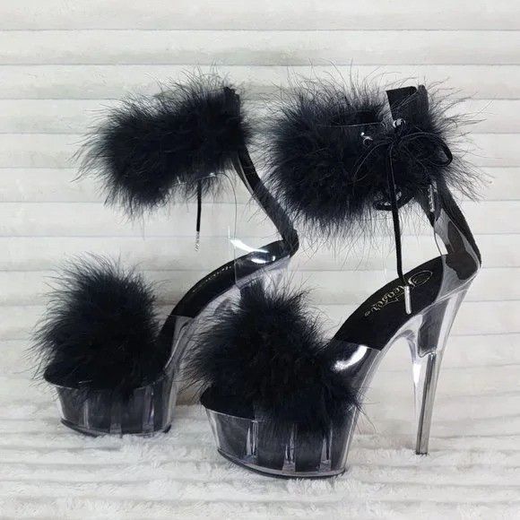Other Delight 624F Black Furry Marabou Feather 6" High Heel Platfo Size US 10 / IT 40 - 1 Thumbnail